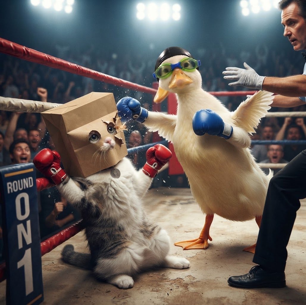 Nasduck boxing a paper-bag cat