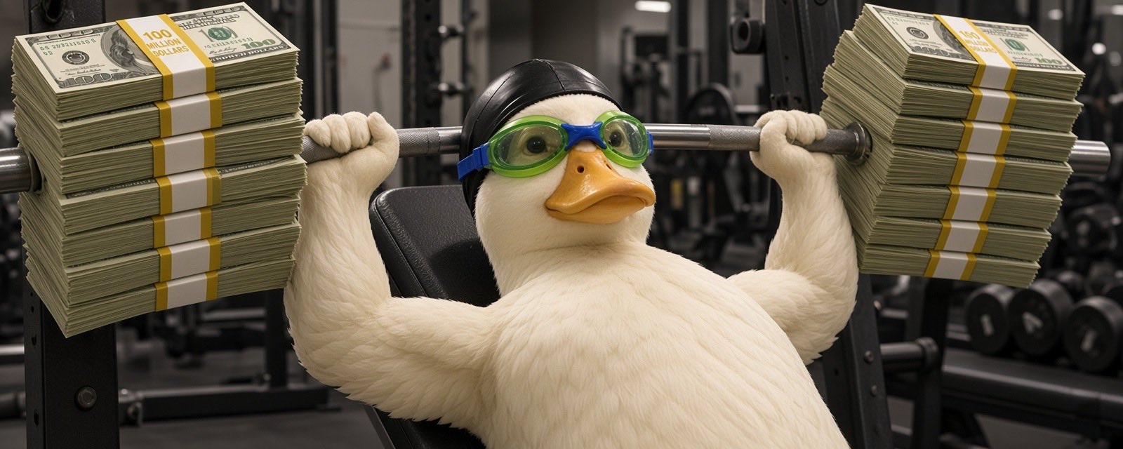 Nasduck benching stacks of cash
